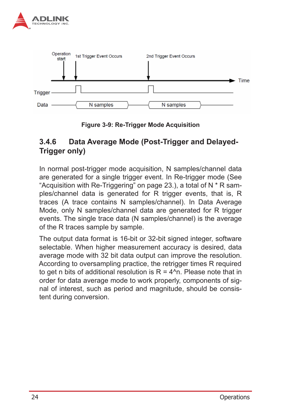 Data average mode (post-trigger and, Figure 3-9, Re-trigger mode acquisition | ADLINK PXIe-9852 User Manual | Page 34 / 46