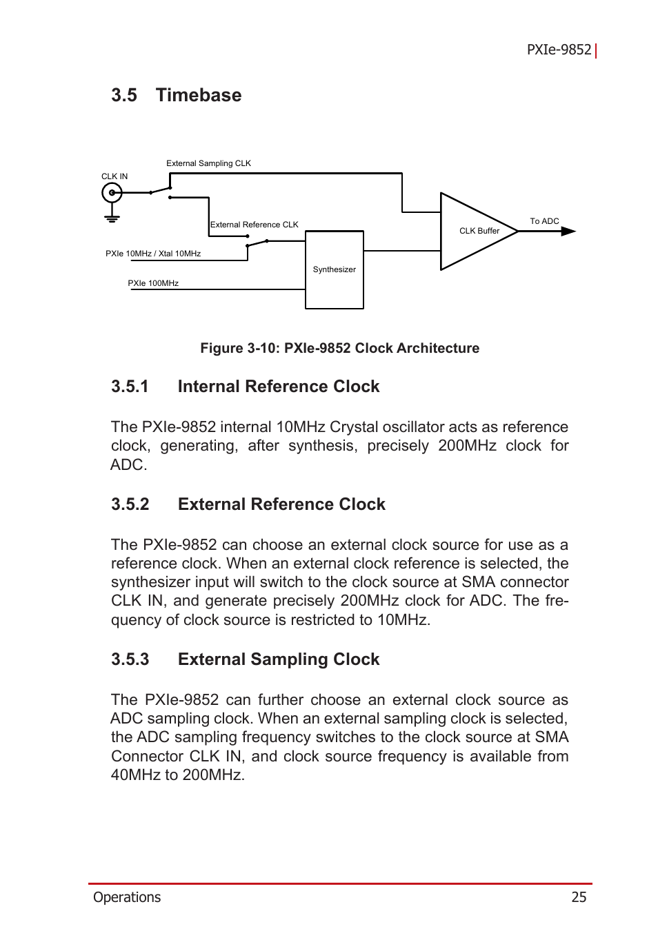 5 timebase, 1 internal reference clock, 2 external reference clock | 3 external sampling clock, Timebase, Internal reference clock, External reference clock, External sampling clock, Figure 3-10, Pxie-9852 clock architecture | ADLINK PXIe-9852 User Manual | Page 35 / 46