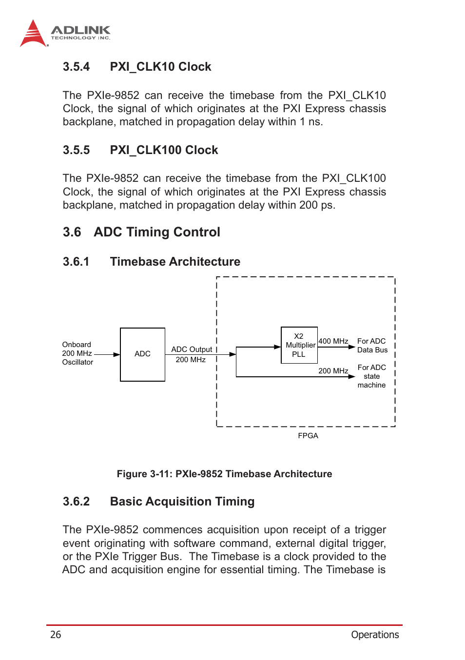 4 pxi_clk10 clock, 5 pxi_clk100 clock, 6 adc timing control | 1 timebase architecture, 2 basic acquisition timing, Pxi_clk10 clock, Pxi_clk100 clock, Adc timing control, Timebase architecture, Basic acquisition timing | ADLINK PXIe-9852 User Manual | Page 36 / 46