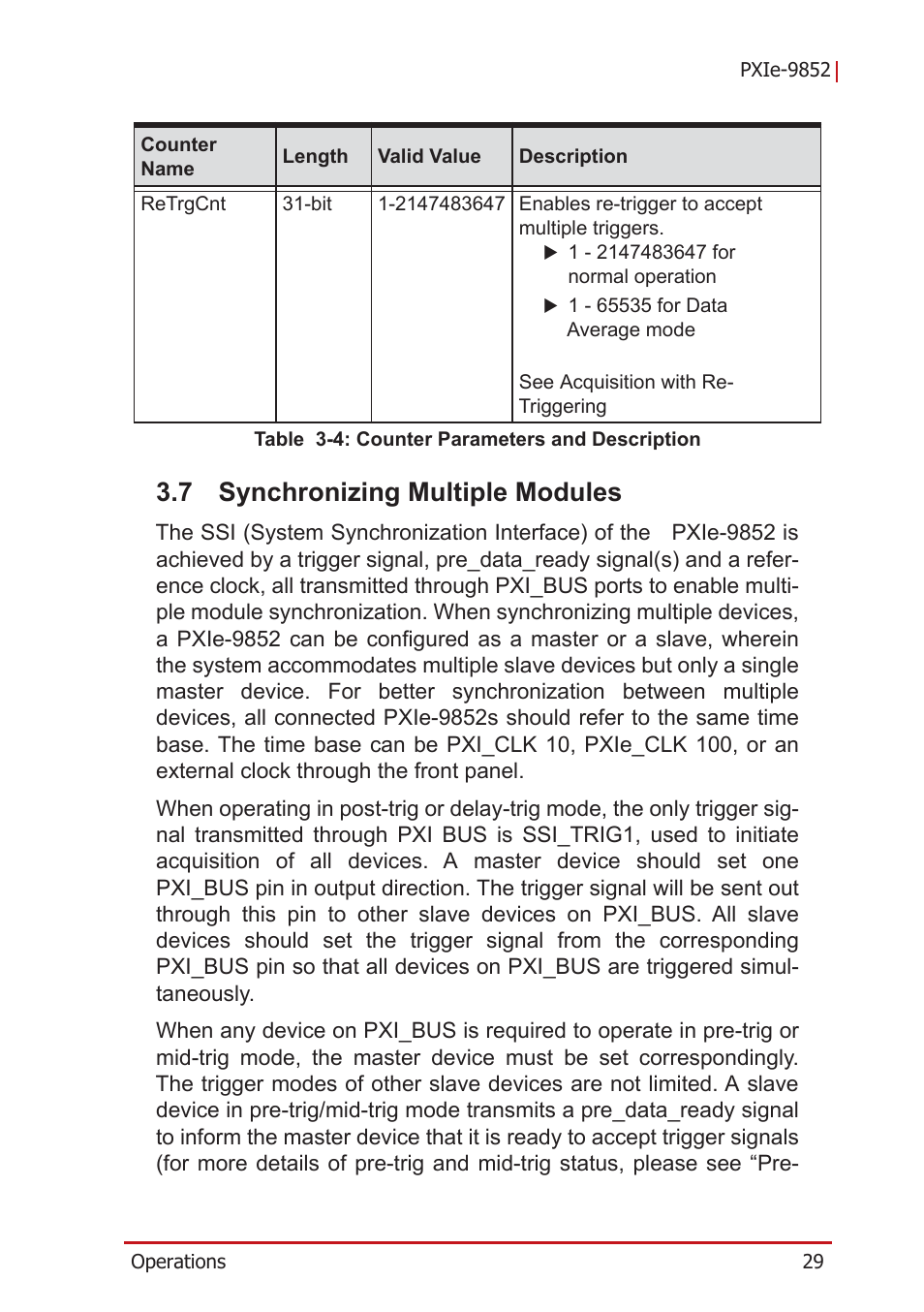 7 synchronizing multiple modules, Synchronizing multiple modules, Table 3-4: counter parameters and description | ADLINK PXIe-9852 User Manual | Page 39 / 46