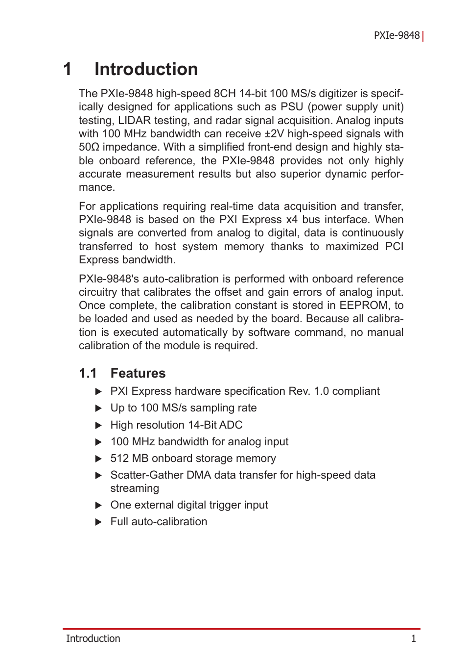 1 introduction, 1 features, Features | 1introduction | ADLINK PXIe-9848 User Manual | Page 11 / 44