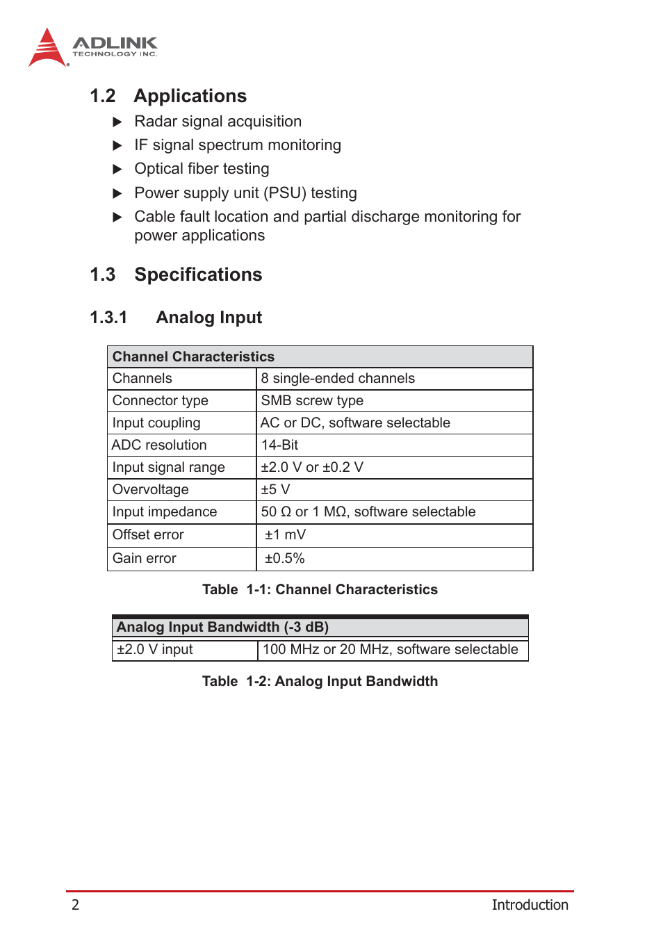 2 applications, 3 specifications, 1 analog input | Applications, Specifications, Analog input | ADLINK PXIe-9848 User Manual | Page 12 / 44