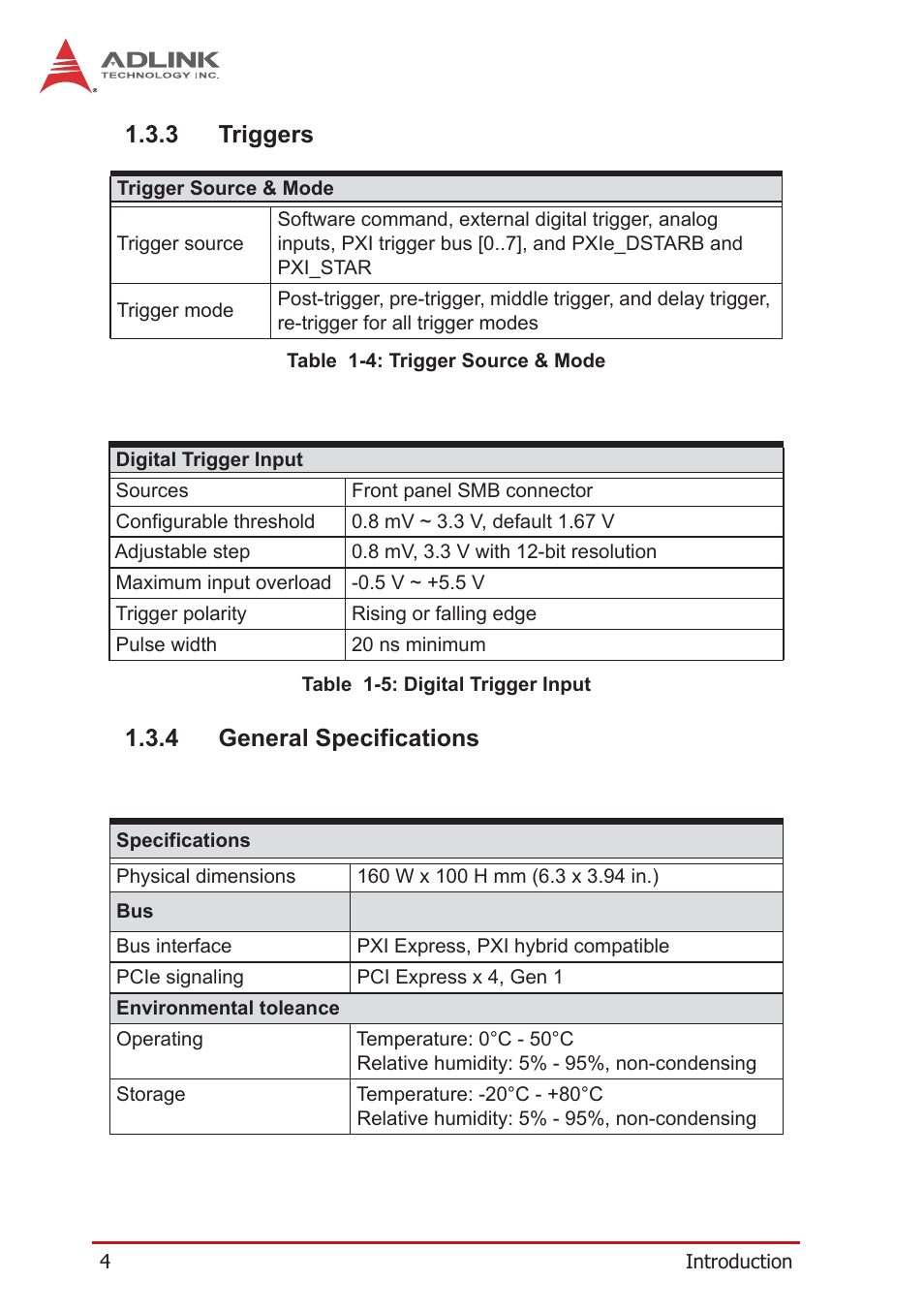 3 triggers, 4 general specifications, Triggers | General specifications | ADLINK PXIe-9848 User Manual | Page 14 / 44