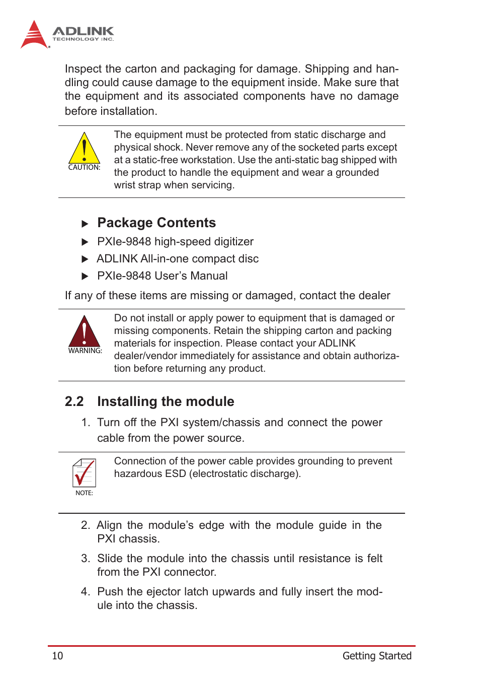 2 installing the module, Installing the module, Package contents | ADLINK PXIe-9848 User Manual | Page 20 / 44