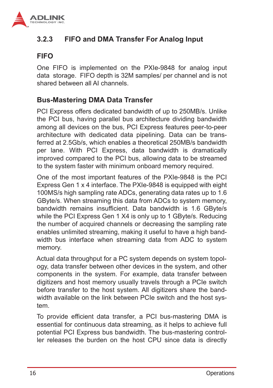 3 fifo and dma transfer for analog input, Fifo, Bus-mastering dma data transfer | Fifo and dma transfer for analog input | ADLINK PXIe-9848 User Manual | Page 26 / 44