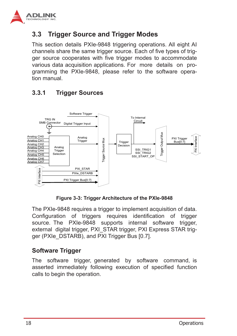 3 trigger source and trigger modes, 1 trigger sources, Software trigger | Trigger source and trigger modes, Trigger sources, Figure 3-3, Trigger architecture of the pxie-9848, 18 operations | ADLINK PXIe-9848 User Manual | Page 28 / 44