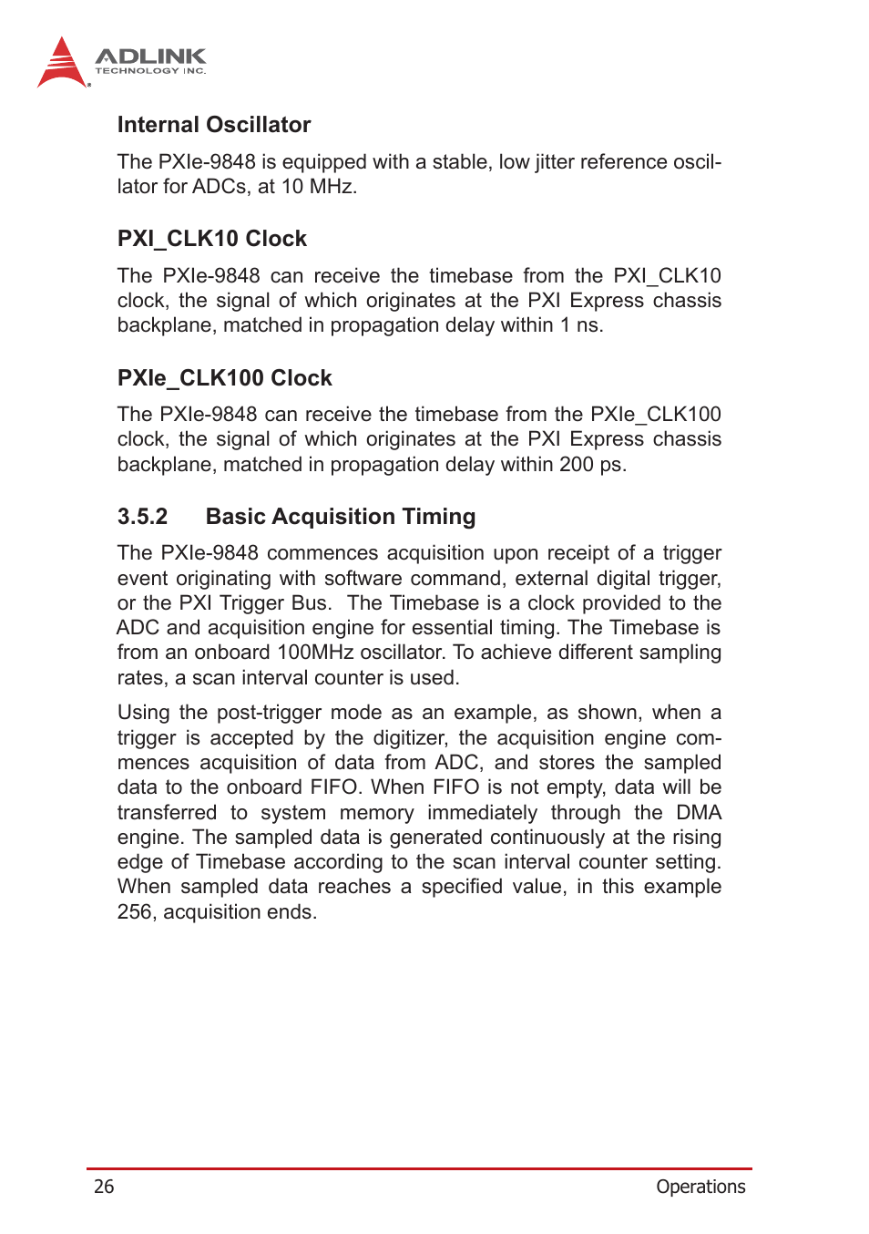 Internal oscillator, Pxi_clk10 clock, Pxie_clk100 clock | 2 basic acquisition timing, Basic acquisition timing | ADLINK PXIe-9848 User Manual | Page 36 / 44
