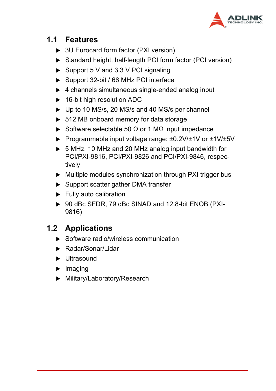 1 features, 2 applications, Features | Applications | ADLINK PCI-9846 User Manual | Page 13 / 66