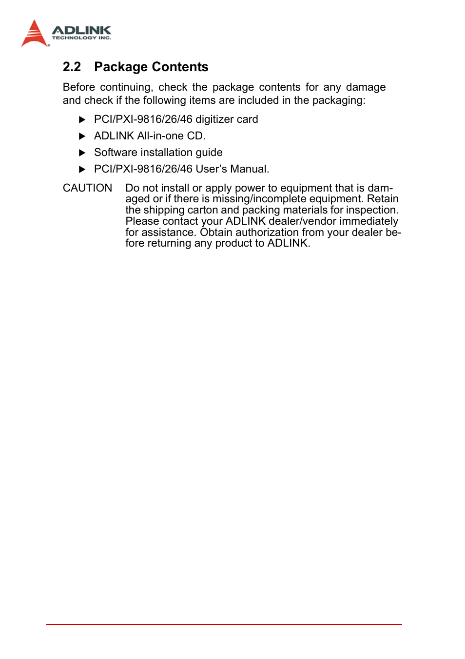 2 package contents, Package contents | ADLINK PCI-9846 User Manual | Page 30 / 66
