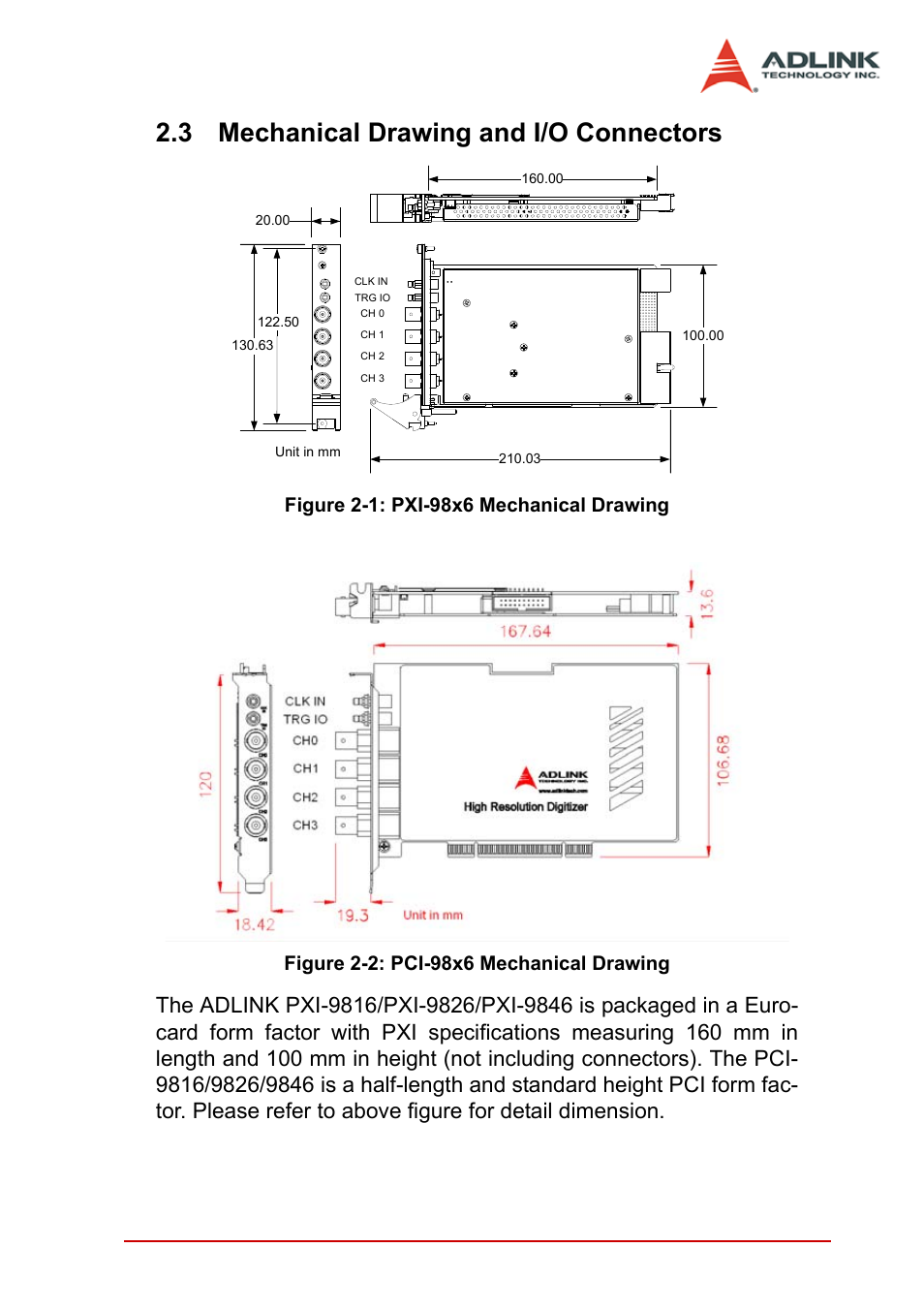 3 mechanical drawing and i/o connectors, Mechanical drawing and i/o connectors, Getting started 21 | ADLINK PCI-9846 User Manual | Page 31 / 66