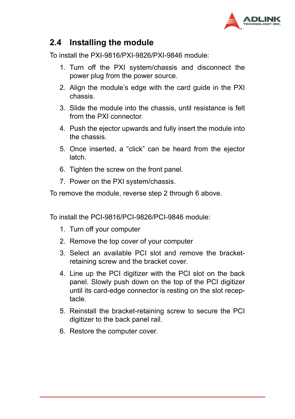 4 installing the module, Installing the module | ADLINK PCI-9846 User Manual | Page 33 / 66