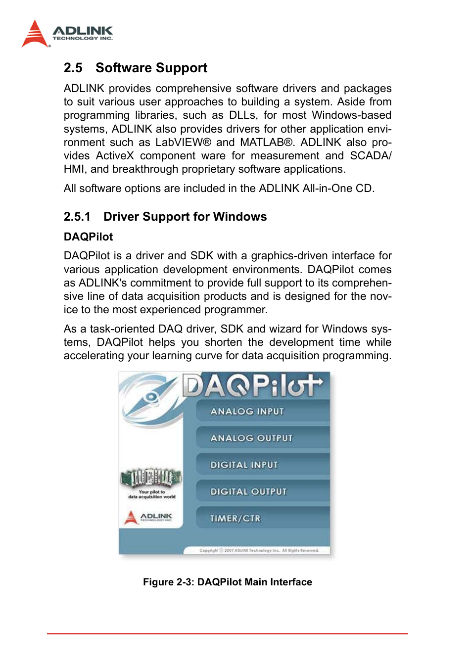 5 software support, 1 driver support for windows, Software support | Driver support for windows, Figure 2-3: daqpilot main interface | ADLINK PCI-9846 User Manual | Page 34 / 66