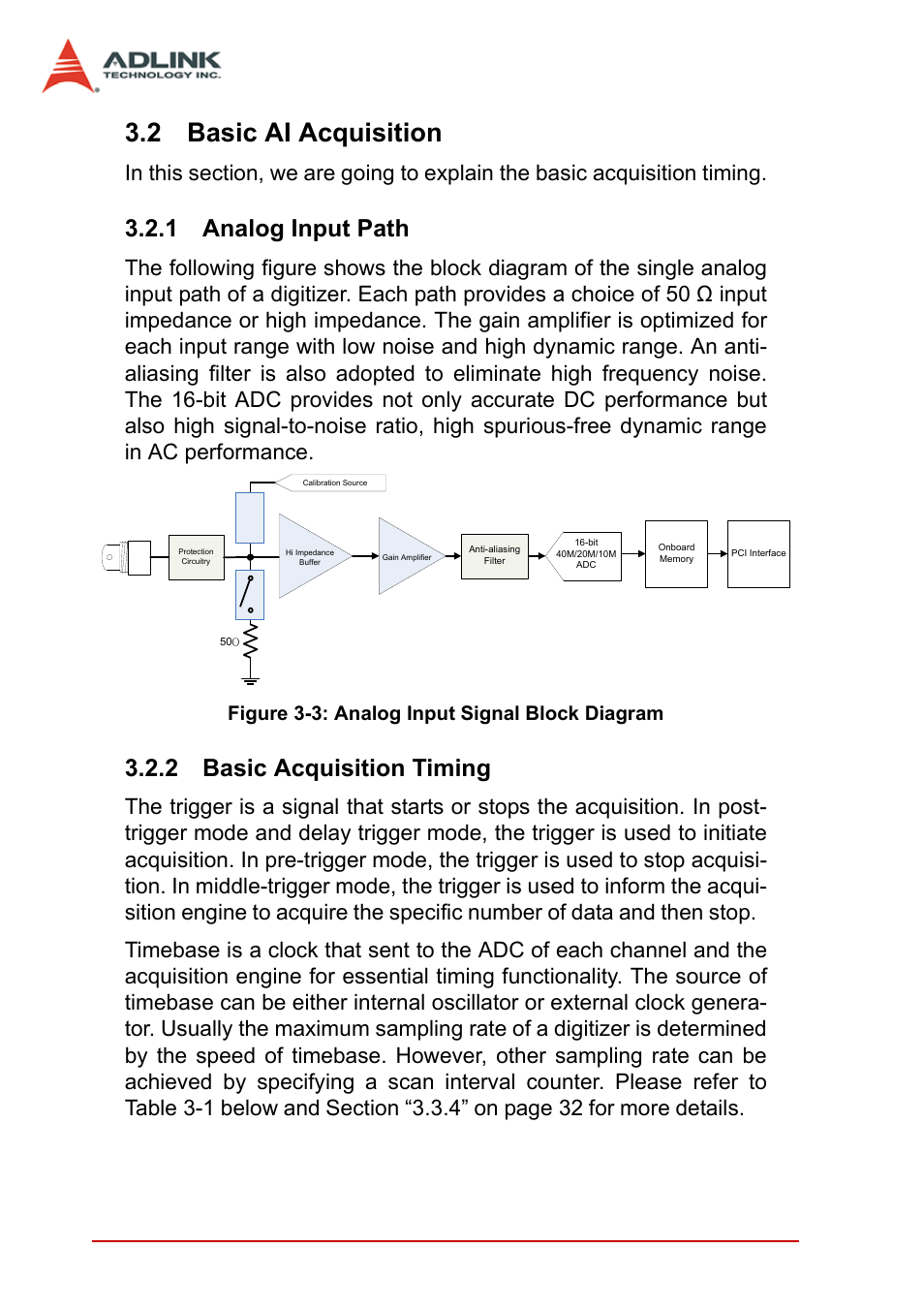 2 basic ai acquisition, 1 analog input path, 2 basic acquisition timing | Basic ai acquisition, Analog input path basic acquisition timing, Figure 3-3: analog input signal block diagram, 28 operation theory | ADLINK PCI-9846 User Manual | Page 38 / 66
