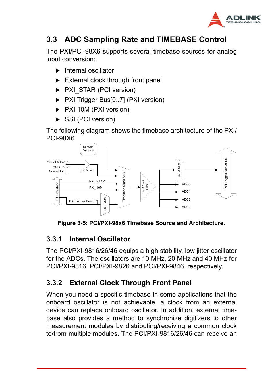 3 adc sampling rate and timebase control, 1 internal oscillator, 2 external clock through front panel | Adc sampling rate and timebase control, Internal oscillator, External clock through front panel, Pxi_star (pci version), Pxi trigger bus[0 ] (pxi version), Pxi 10m (pxi version), Operation theory 31 | ADLINK PCI-9846 User Manual | Page 41 / 66
