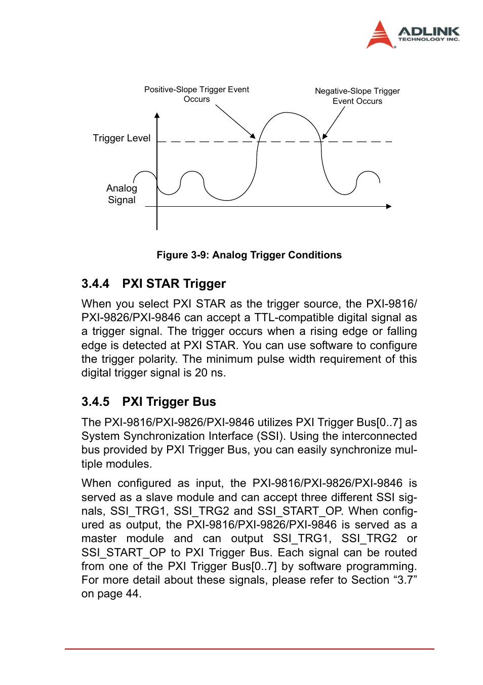 4 pxi star trigger, 5 pxi trigger bus, Pxi star trigger pxi trigger bus | Figure 3-9: analog trigger conditions | ADLINK PCI-9846 User Manual | Page 47 / 66