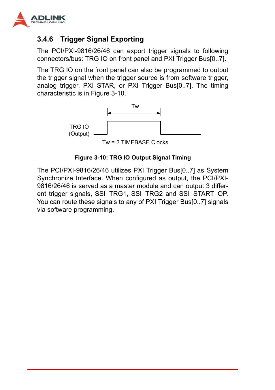 6 trigger signal exporting, Trigger signal exporting, Figure 3-10: trg io output signal timing | ADLINK PCI-9846 User Manual | Page 48 / 66
