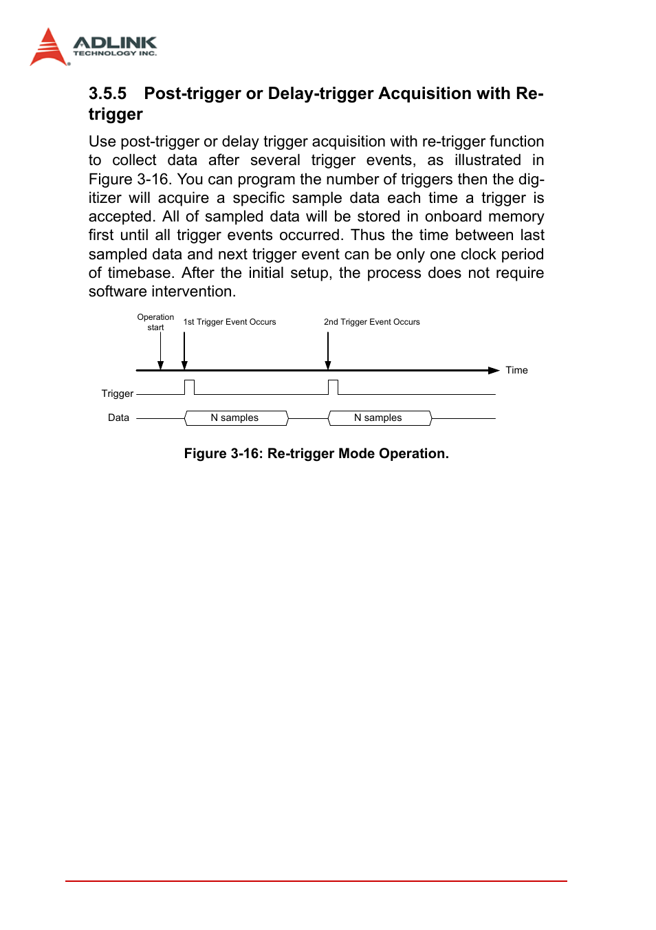 Post-trigger or delay-trigger acquisition, With re-trigger, Figure 3-16: re-trigger mode operation | 42 operation theory | ADLINK PCI-9846 User Manual | Page 52 / 66