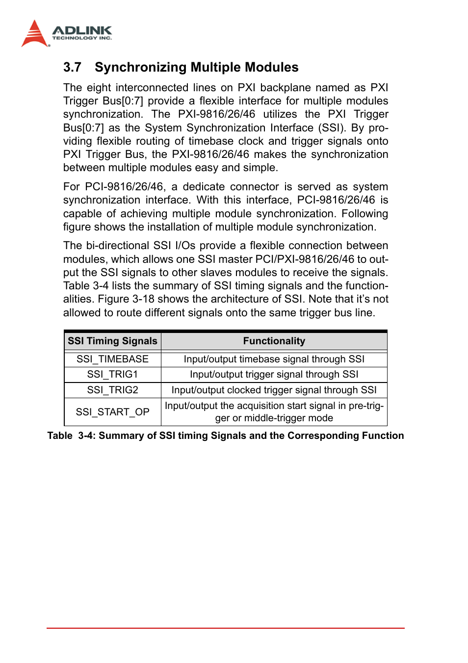 7 synchronizing multiple modules, Synchronizing multiple modules, Table 3-4: summary of ssi timing signals and | The corresponding function | ADLINK PCI-9846 User Manual | Page 54 / 66