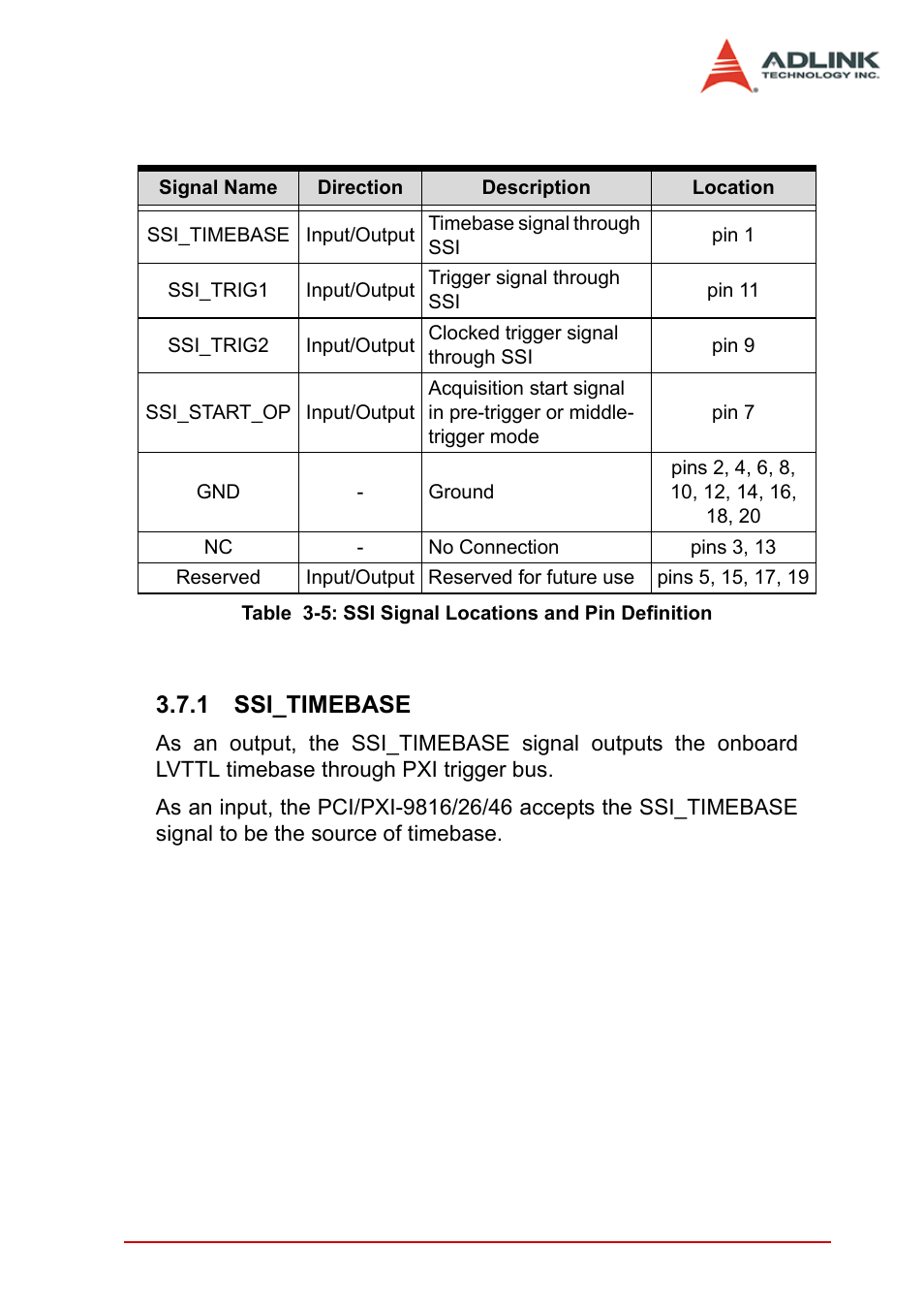 1 ssi_timebase, Ssi_timebase, Table 3-5: ssi signal locations and pin definition | ADLINK PCI-9846 User Manual | Page 57 / 66