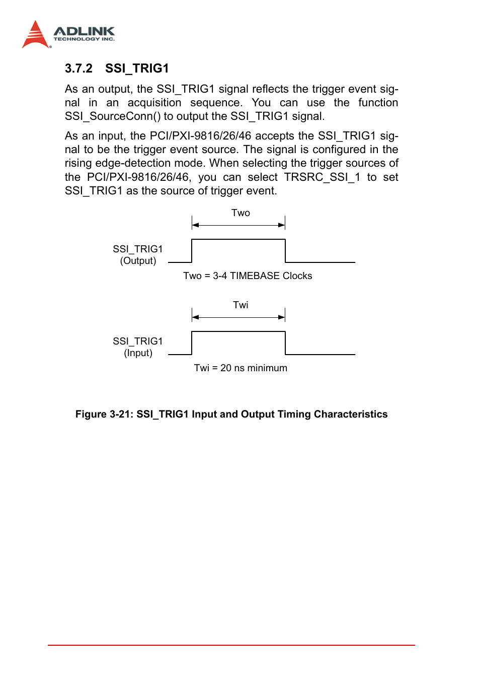 2 ssi_trig1, Ssi_trig1, Figure 3-21: ssi_trig1 input and output timing | Characteristics | ADLINK PCI-9846 User Manual | Page 58 / 66