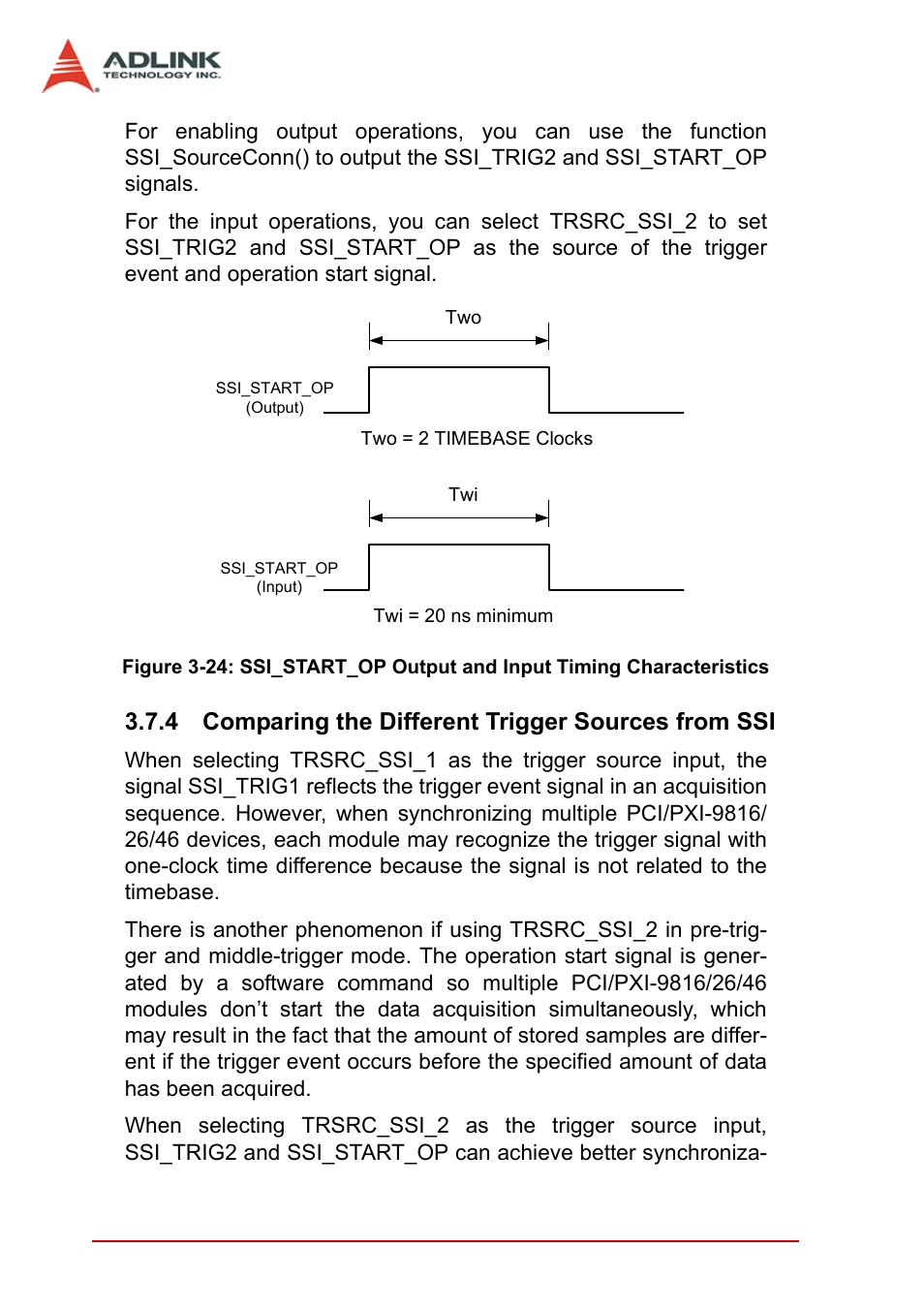 4 comparing the different trigger sources from ssi, Comparing the different trigger sources from ssi, Figure 3-24: ssi_start_op output and input timing | Characteristics, Figure 3-24 | ADLINK PCI-9846 User Manual | Page 60 / 66