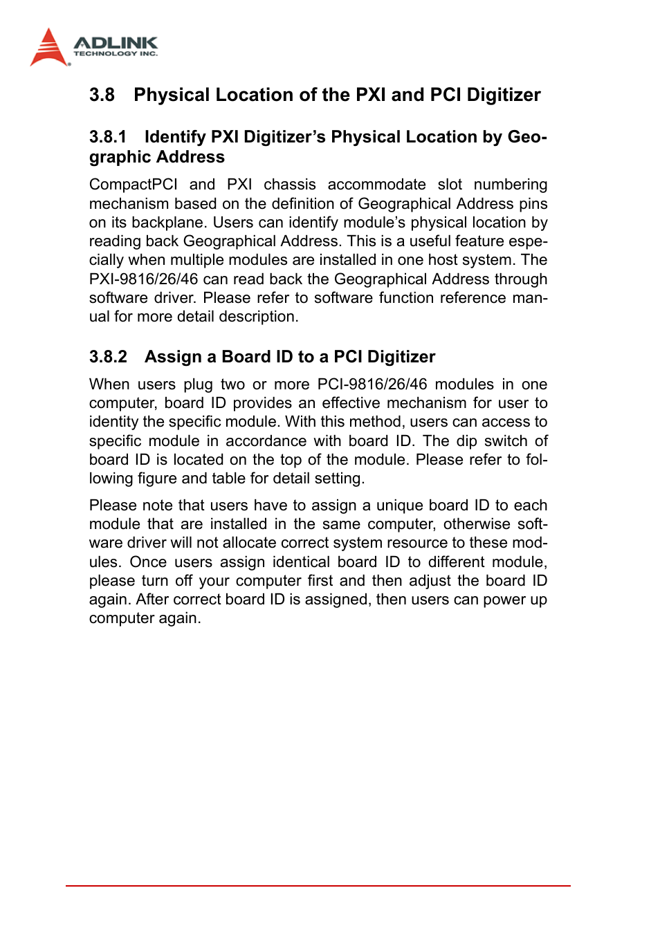 8 physical location of the pxi and pci digitizer, 2 assign a board id to a pci digitizer, Physical location of the pxi and pci digitizer | Identify pxi digitizer’s physical location, By geographic address, Assign a board id to a pci digitizer | ADLINK PCI-9846 User Manual | Page 62 / 66