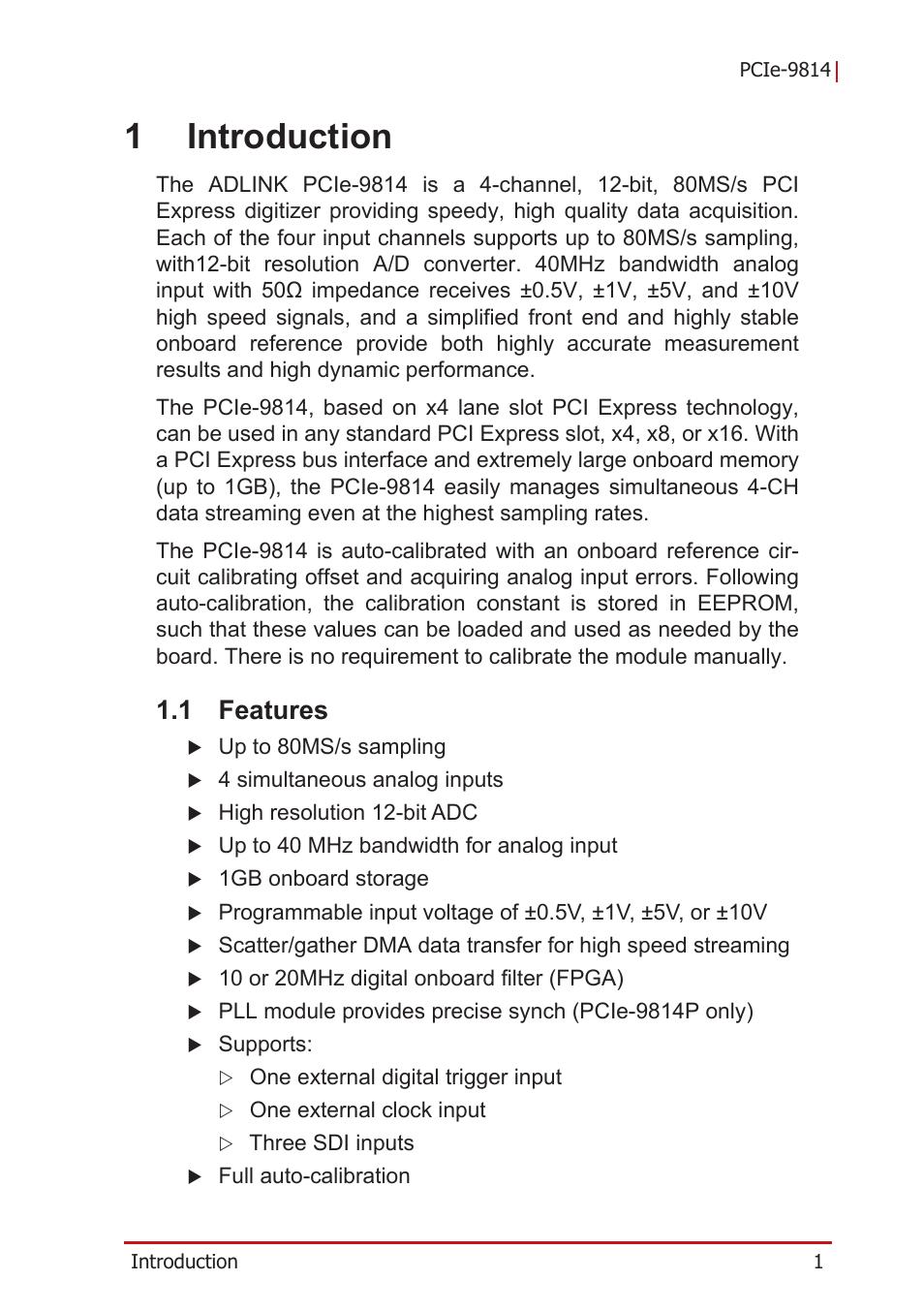 1 introduction, 1 features, Features | 1introduction | ADLINK PCIe-9814 User Manual | Page 11 / 46
