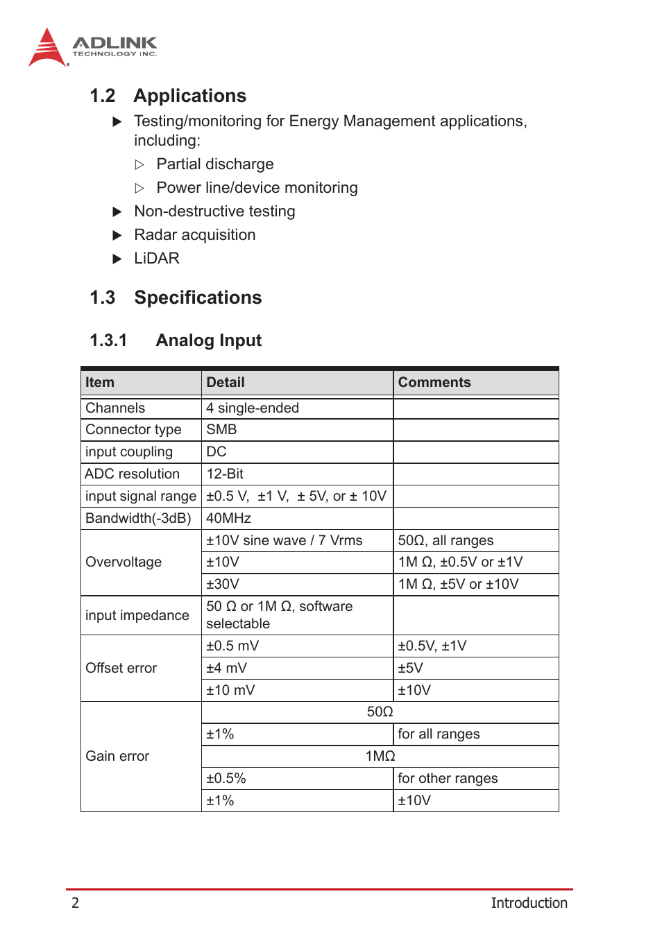 2 applications, 3 specifications, 1 analog input | Applications, Specifications, Analog input | ADLINK PCIe-9814 User Manual | Page 12 / 46