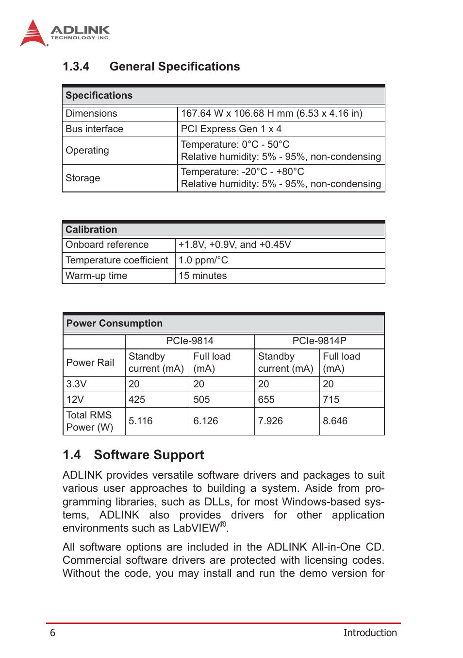 4 general specifications, 4 software support, General specifications | Software support | ADLINK PCIe-9814 User Manual | Page 16 / 46