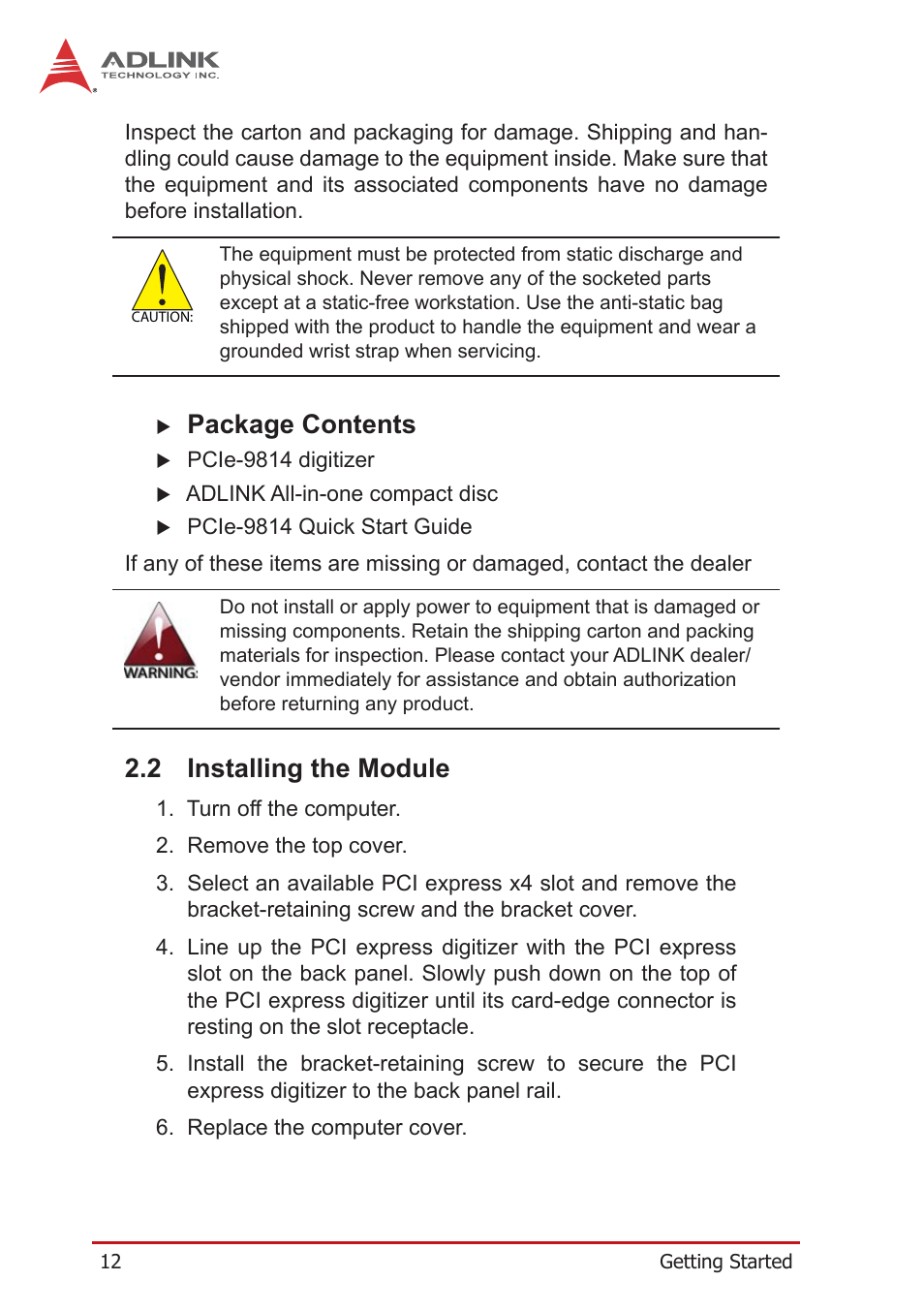 2 installing the module, Installing the module, Package contents | ADLINK PCIe-9814 User Manual | Page 22 / 46