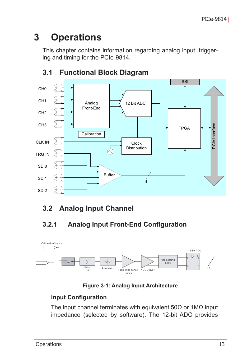 3 operations, 1 functional block diagram, 2 analog input channel | 1 analog input front-end configuration, Functional block diagram, Analog input channel, Analog input front-end configuration, Figure 3-1, Analog input architecture, 3operations | ADLINK PCIe-9814 User Manual | Page 23 / 46