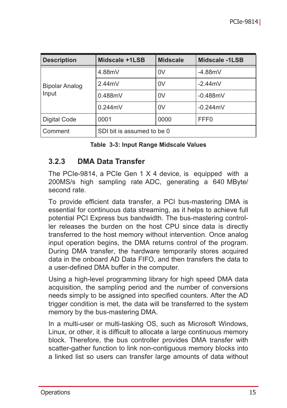 3 dma data transfer, Dma data transfer, Table 3-3: input range midscale values | ADLINK PCIe-9814 User Manual | Page 25 / 46