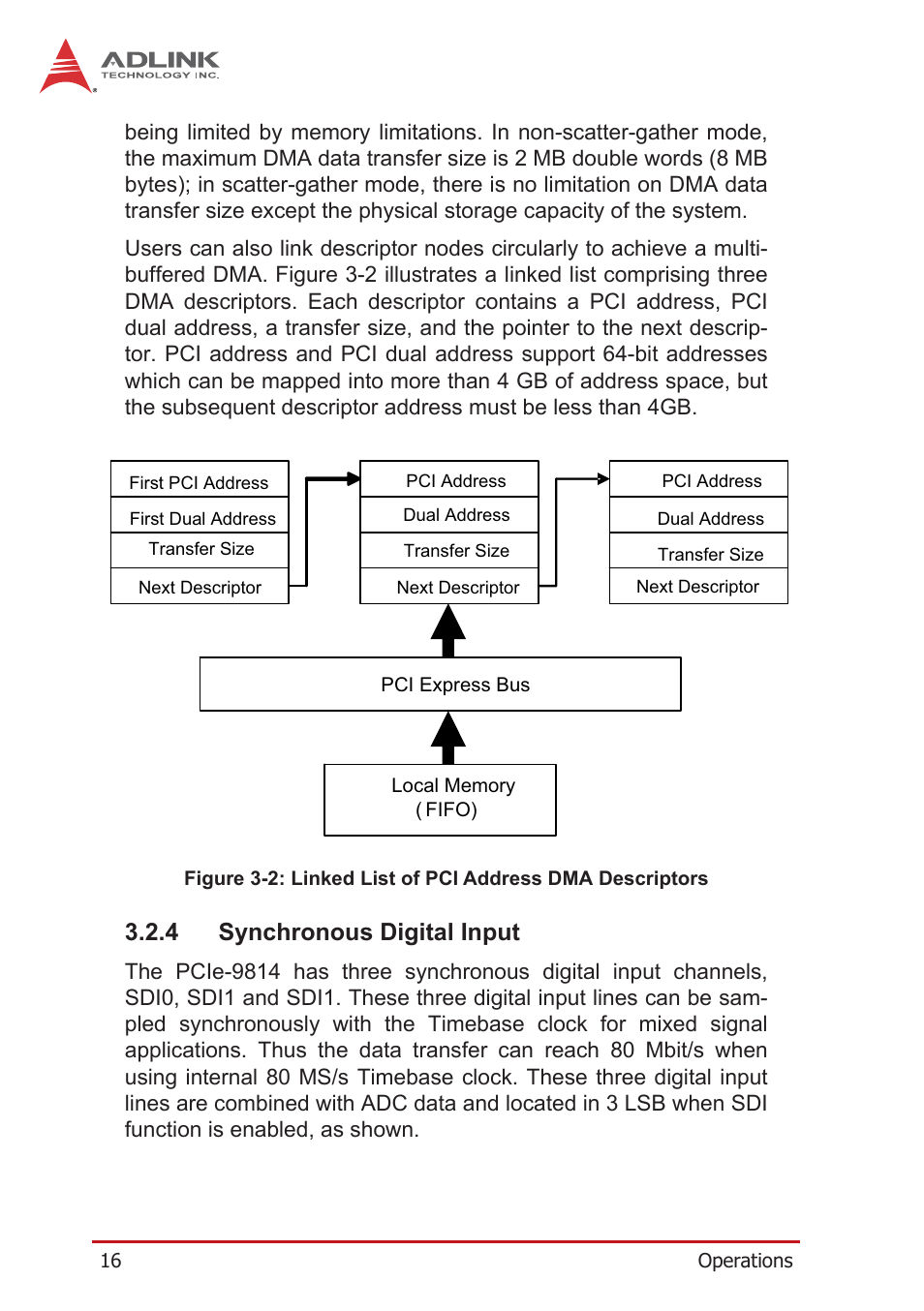 4 synchronous digital input, Synchronous digital input, Figure 3-2 | Linked list of pci address dma descriptors | ADLINK PCIe-9814 User Manual | Page 26 / 46
