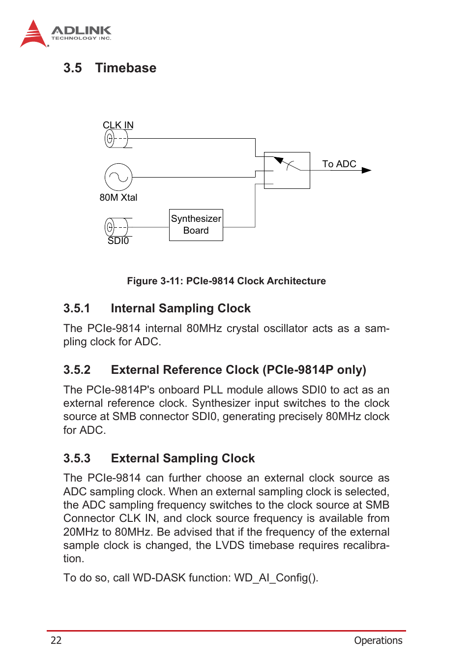 5 timebase, 1 internal sampling clock, 2 external reference clock (pcie-9814p only) | 3 external sampling clock, Timebase, Internal sampling clock, External reference clock (pcie-9814p only), External sampling clock, Figure 3-11, Pcie-9814 clock architecture | ADLINK PCIe-9814 User Manual | Page 32 / 46