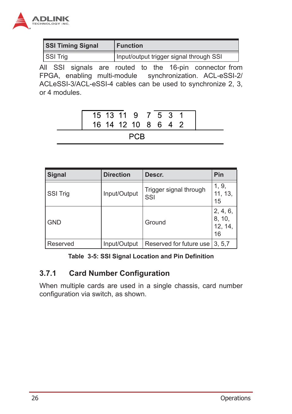 1 card number configuration, Table 3-5: ssi signal location and pin definition | ADLINK PCIe-9814 User Manual | Page 36 / 46