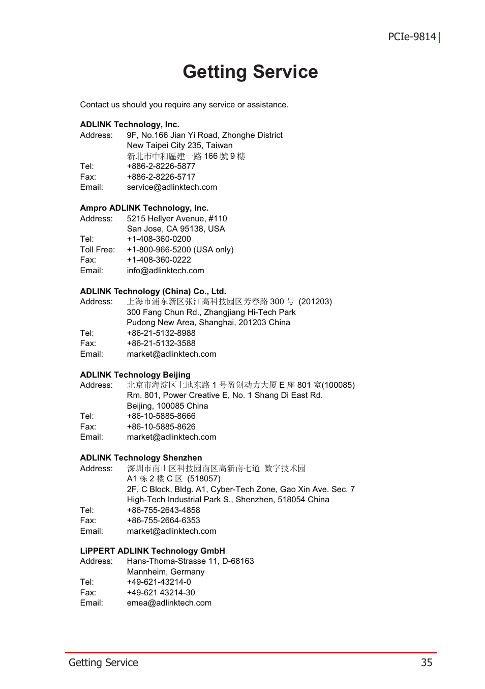 Getting service | ADLINK PCIe-9814 User Manual | Page 45 / 46