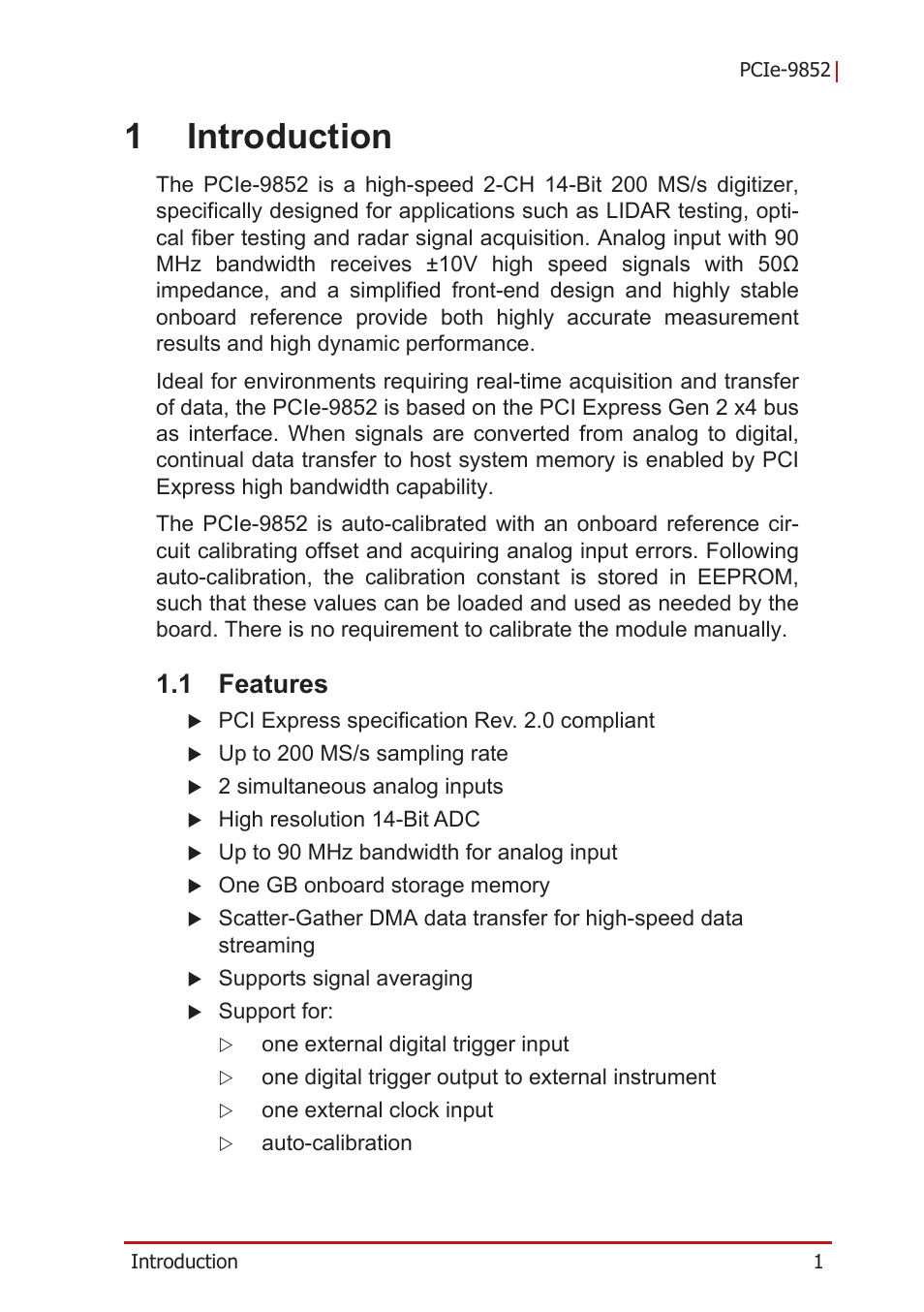 1 introduction, 1 features, Features | 1introduction | ADLINK PCIe-9852 User Manual | Page 11 / 44