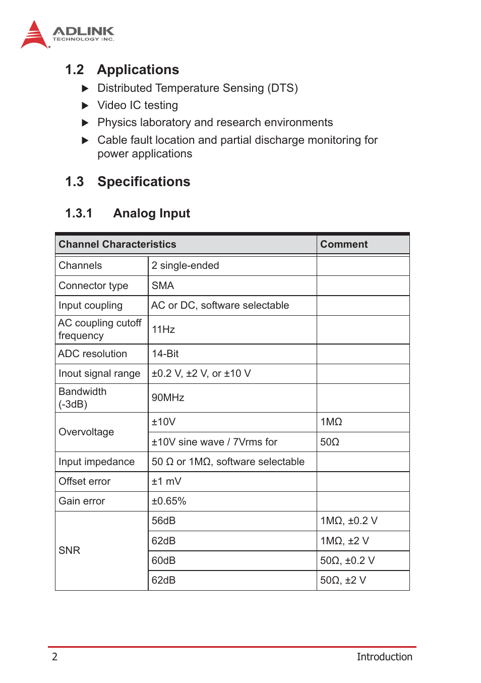 2 applications, 3 specifications, 1 analog input | Applications, Specifications, Analog input | ADLINK PCIe-9852 User Manual | Page 12 / 44