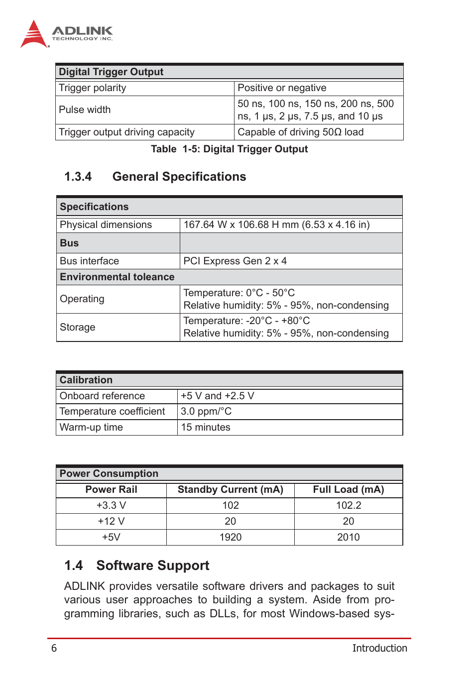 4 general specifications, 4 software support, General specifications | Software support, Table 1-5: digital trigger output | ADLINK PCIe-9852 User Manual | Page 16 / 44
