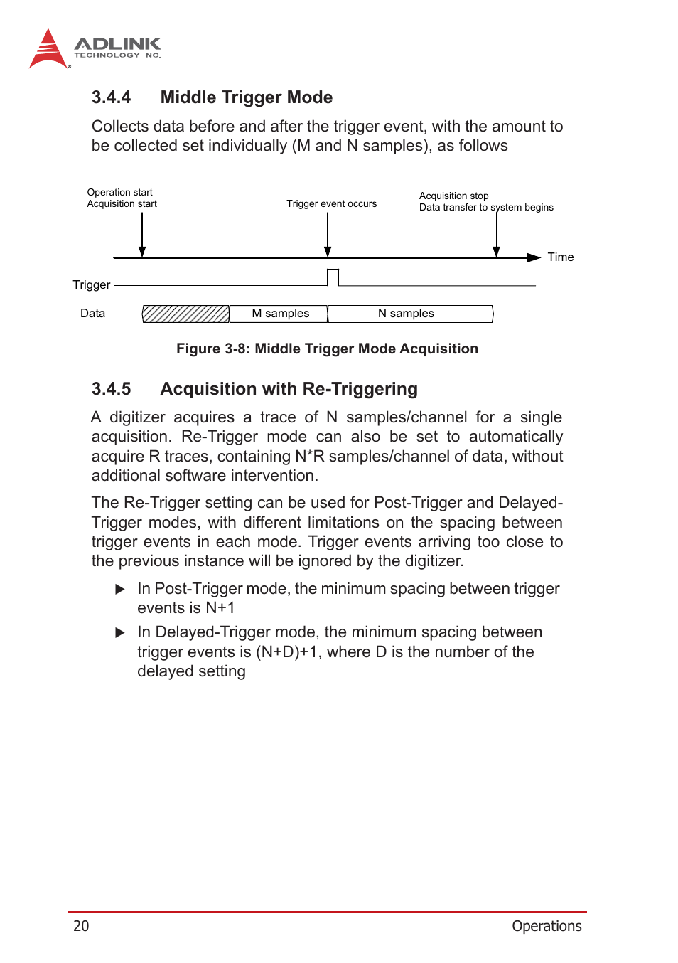 4 middle trigger mode, 5 acquisition with re-triggering, Middle trigger mode | Acquisition with re-triggering, Figure 3-8, Middle trigger mode acquisition | ADLINK PCIe-9852 User Manual | Page 30 / 44