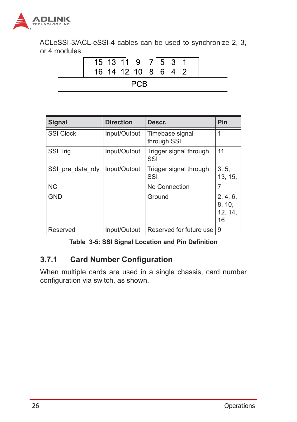 1 card number configuration, Table 3-5: ssi signal location and pin definition | ADLINK PCIe-9852 User Manual | Page 36 / 44