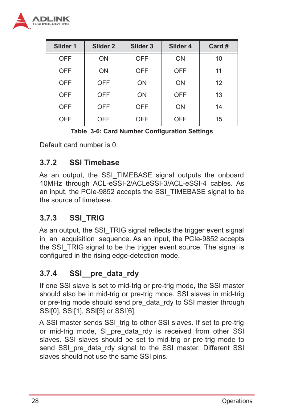 2 ssi timebase, 3 ssi_trig, 4 ssi__pre_data_rdy | Ssi timebase, Ssi_trig, Ssi__pre_data_rdy, Table 3-6: card number configuration settings | ADLINK PCIe-9852 User Manual | Page 38 / 44