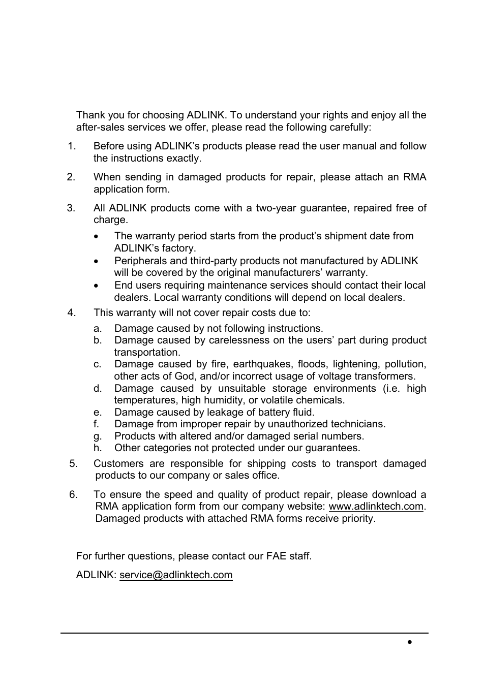 Warranty policy | ADLINK PCI-9820 User Manual | Page 43 / 43
