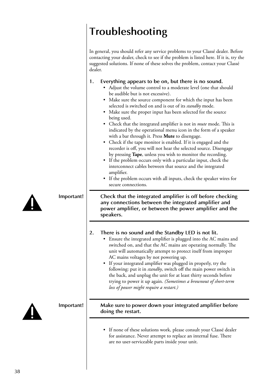 Troubleshooting | Classe Audio CAP-2100 User Manual | Page 38 / 46