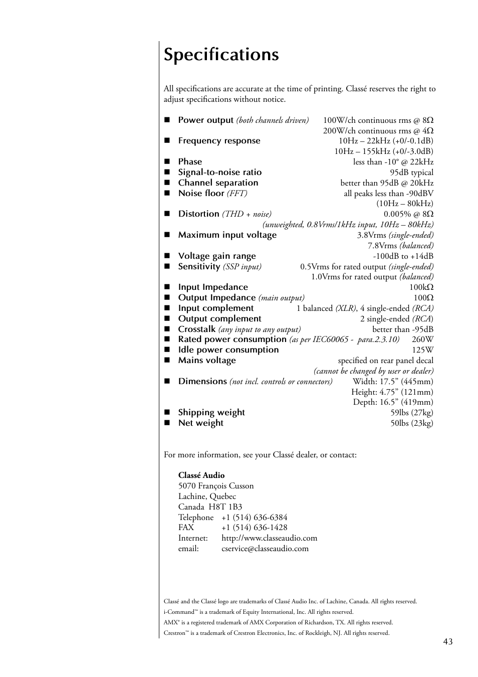 Specifications | Classe Audio CAP-2100 User Manual | Page 43 / 46