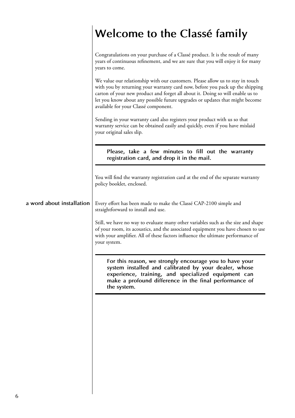 Welcome to the classé family | Classe Audio CAP-2100 User Manual | Page 6 / 46