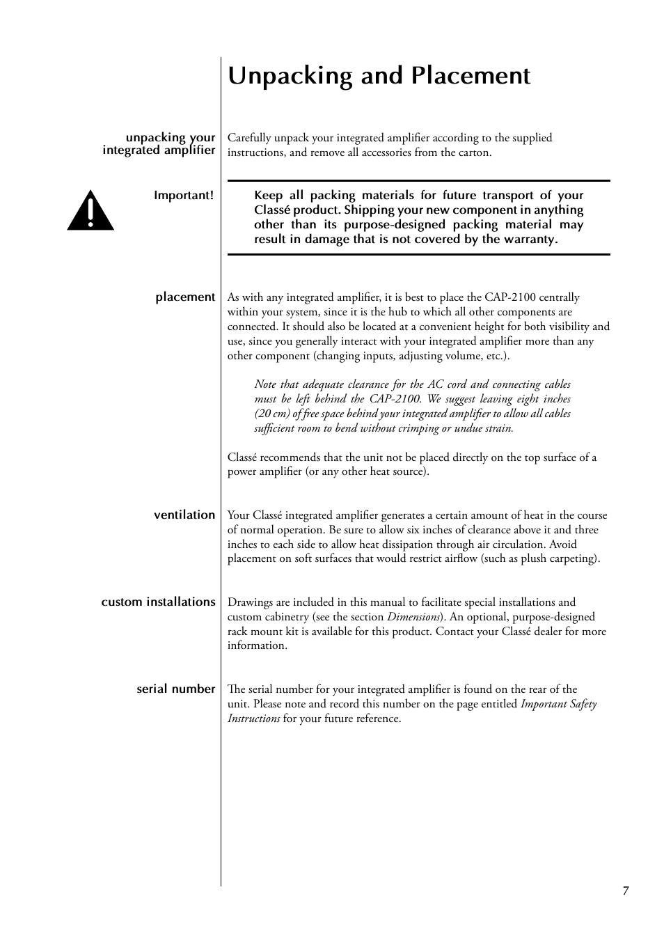 Unpacking and placement | Classe Audio CAP-2100 User Manual | Page 7 / 46