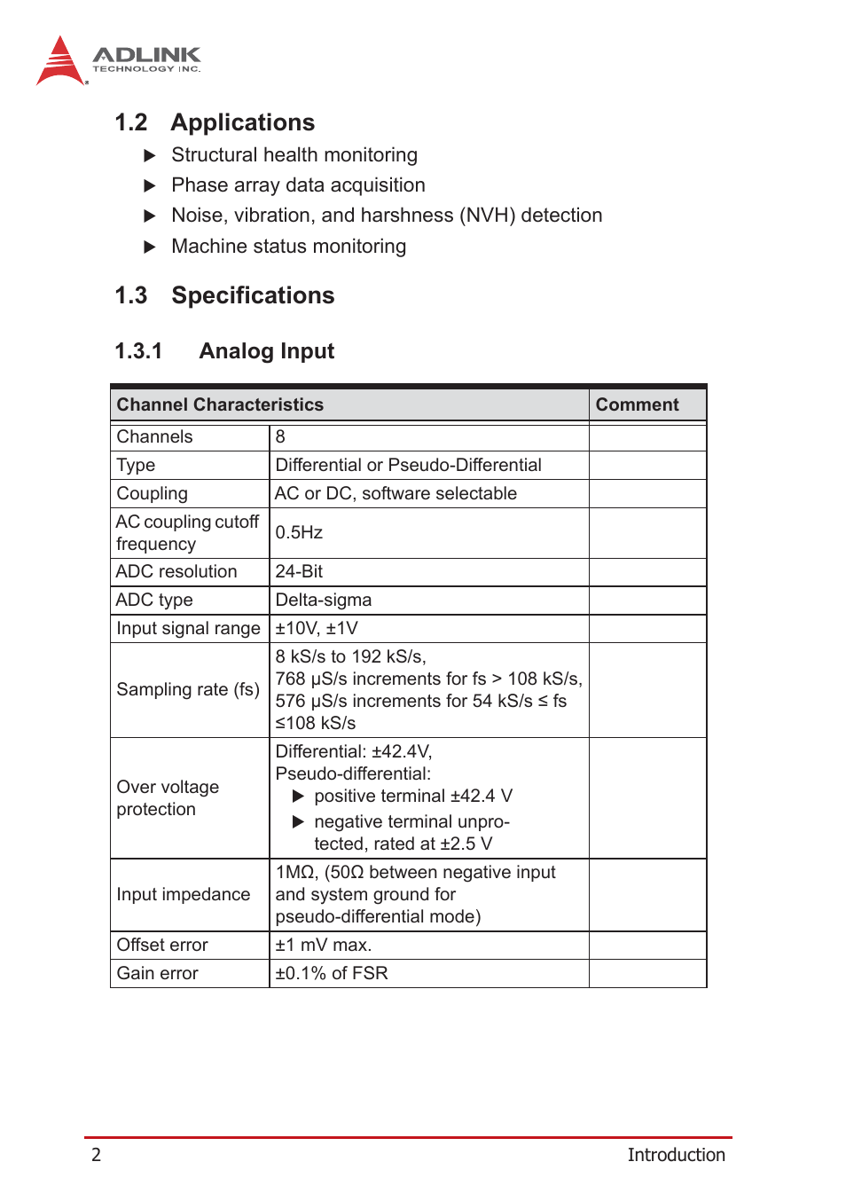 2 applications, 3 specifications, 1 analog input | Applications, Specifications, Analog input | ADLINK PXIe-9529 User Manual | Page 12 / 42