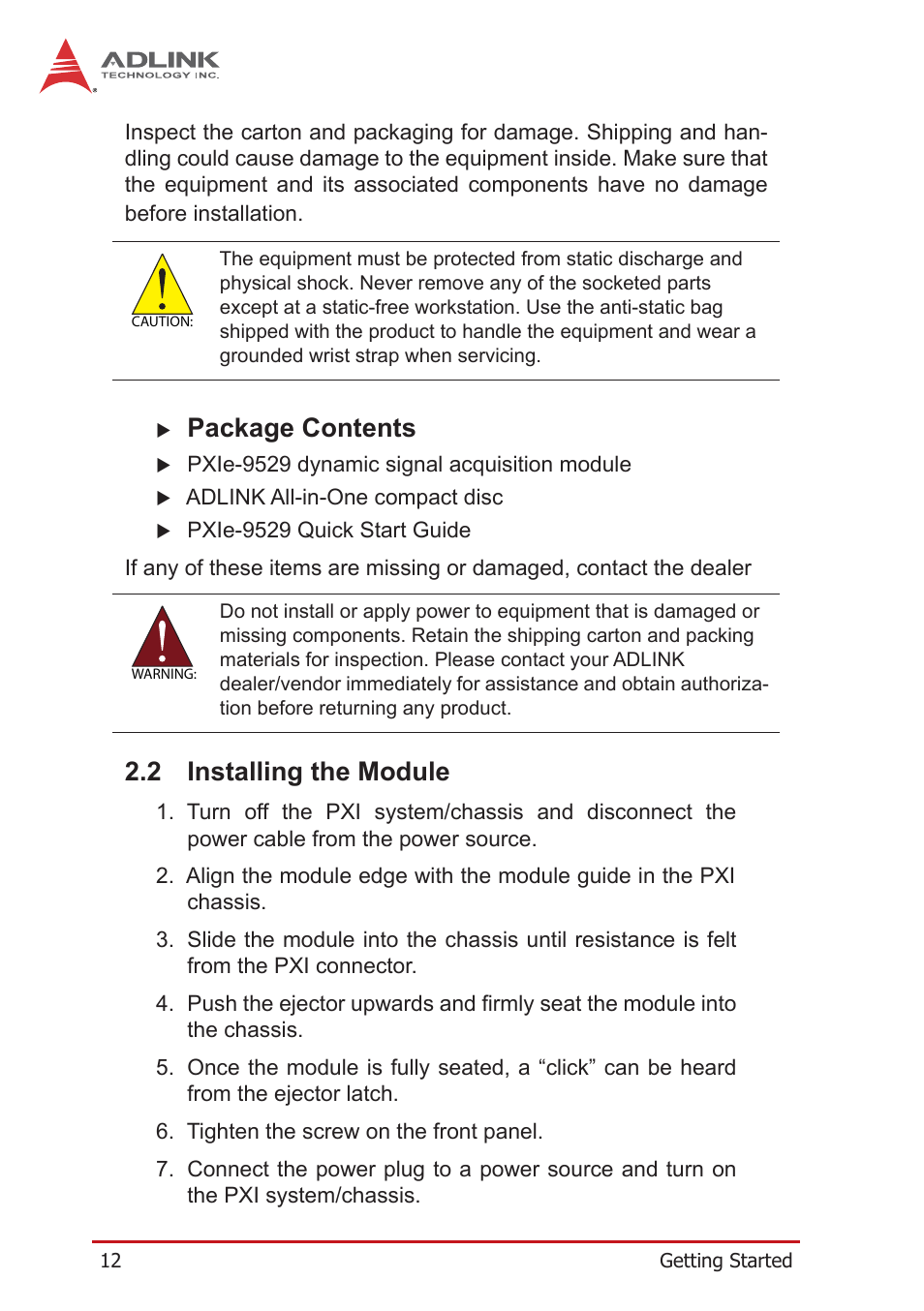 2 installing the module, Installing the module, Package contents | ADLINK PXIe-9529 User Manual | Page 22 / 42