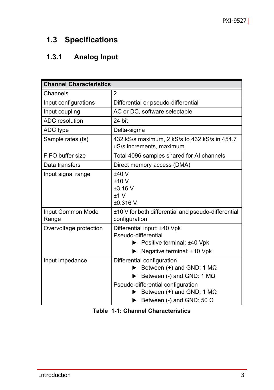 3 specifications, 1 analog input, Specifications | Analog input, Table 1-1: channel characteristics | ADLINK PXI-9527 User Manual | Page 13 / 54